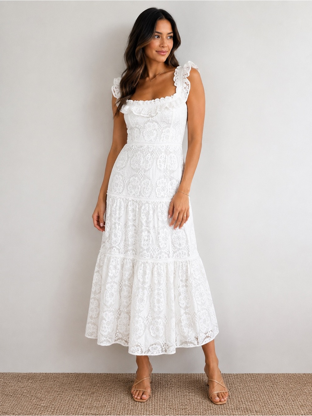 Meimeij White Lace Midi Dress Ruffle Size 6